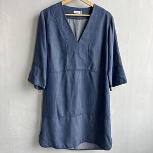 Vince Women’s Chambray Shift Dress L Blue V-Neck Minimalist Blue Denim Style